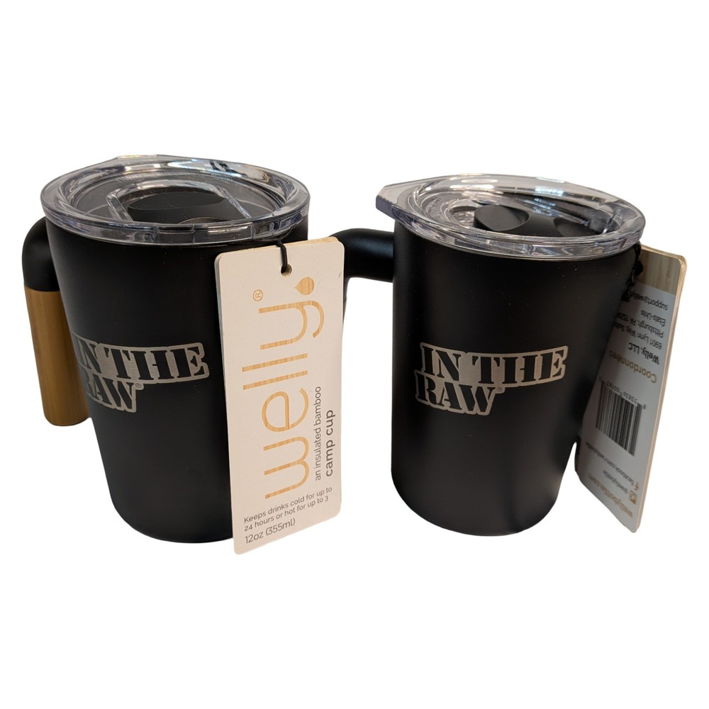 Welly In The Raw Logo Insulated Bamboo Camp Cup 12oz Black Set of 2